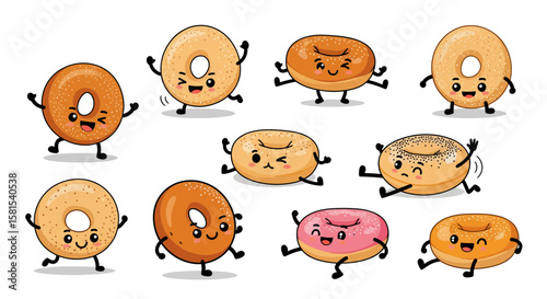 Cute animated bagel character collection for branding and design