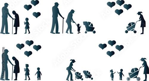 Family generations with hearts and strollers elderly children