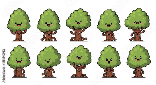 Cute cartoon trees with smiling and winking faces for decor and children’s design