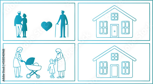 Family life stages with houses and people couple elderly