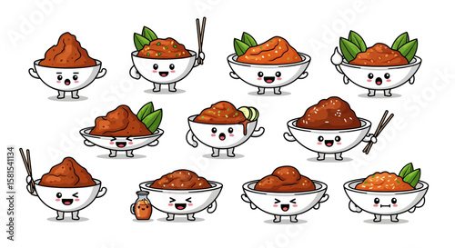 Set of cute cartoon rice bowls with different flavors and expressions