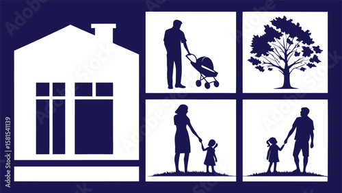 Family life scenes with house and tree father mother