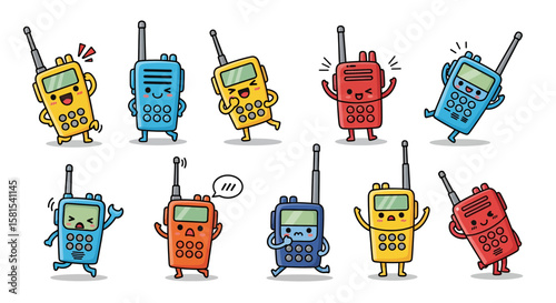 Cute walkie-talkie characters with happy and playful expressions