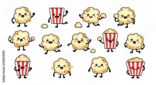 Cute cartoon popcorn characters displaying various expressions and poses