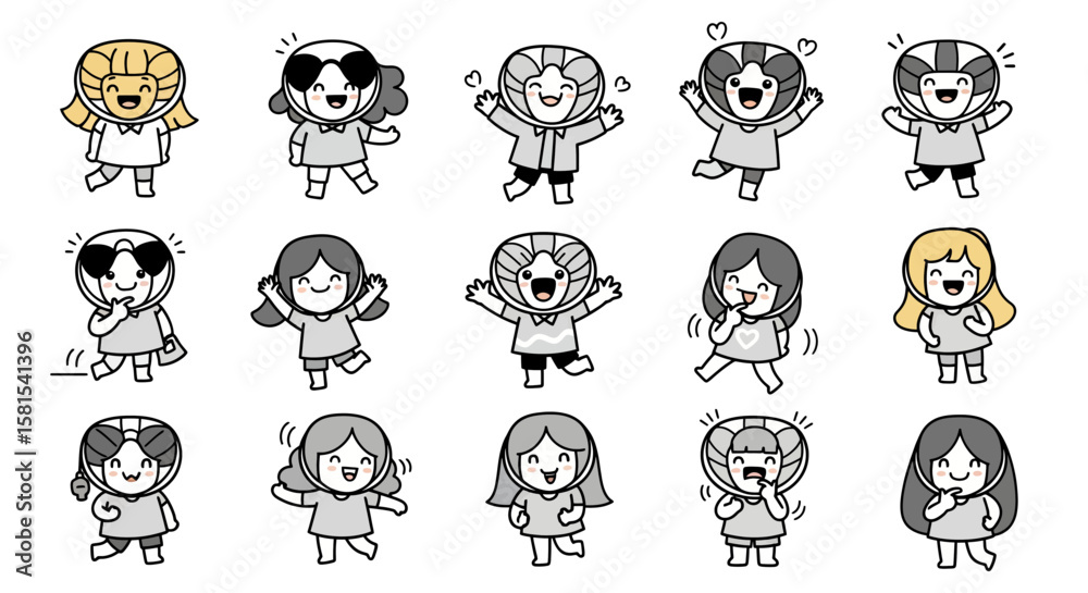 Fototapeta premium Collection of children wearing helmets with various expressions