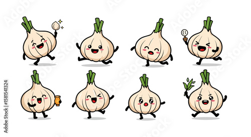 Set of cute garlic characters with playful expressions and poses