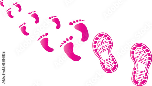 Footprints and shoe soles in pink gradient walking steps