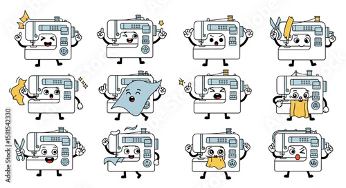 Cute laundry washing machine characters with various expressions and accessories