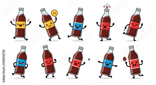 Set of playful soda bottles with facial expressions and movements