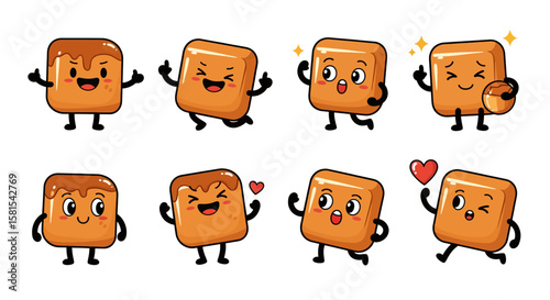 Cute caramel squares with expressive faces in playful poses