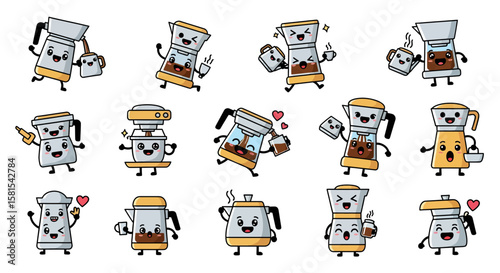 Cute coffee cups and toasters with cheerful expressions and playful poses