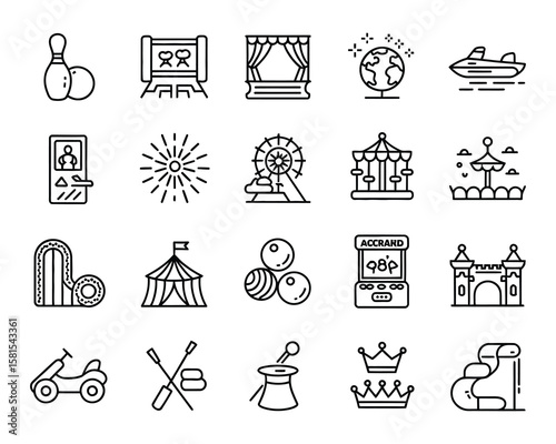 Entertainment & Leisure Icons  Bowling, Cinema, Arcade, Amusement Park, Circus, Theater, Carousel, Magic, Pool Vector Set - Adjustable Line Weight