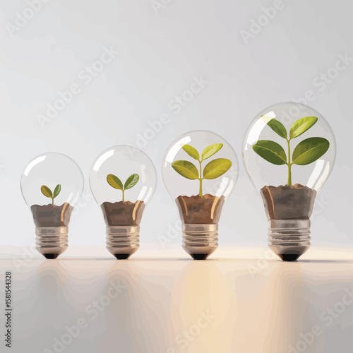Four light bulbs with growing plants inside symbolizing innovation and growth