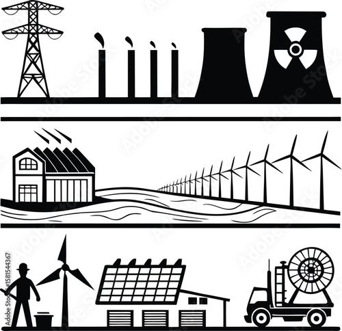 Power generation infrastructure and renewable energy sources power lines smokestacks
