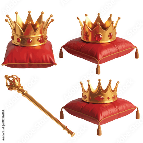 Golden crowns and scepter resting on plush red velvet royal cushions