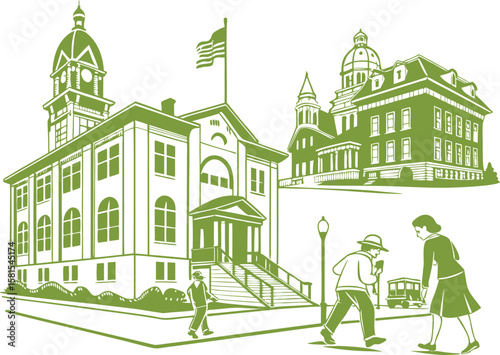 Vintage architecture with people and streetcar buildings courthouse