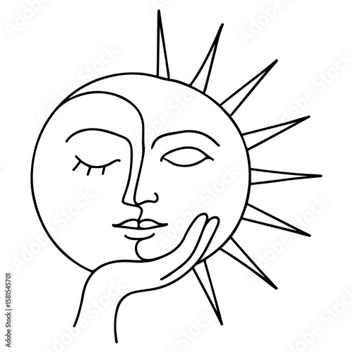 Funny vector cartoon illustration of a sun with a smiling face and cloud, drawing for a child