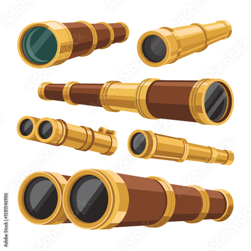 Collection of antique brass and brown spyglasses and binoculars on a white background