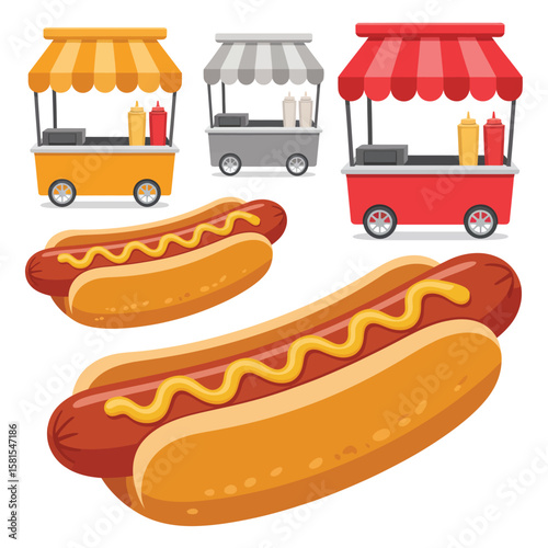 Colorful hot dog carts and delicious hot dogs with mustard