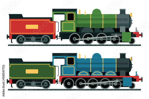Two colorful vintage steam locomotives side by side on white background