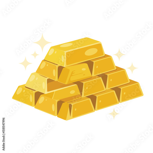Stack of shiny gold bars with sparkling highlights on a white background