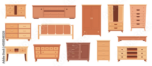 Collection of various wooden furniture pieces including dressers wardrobes and cabinets