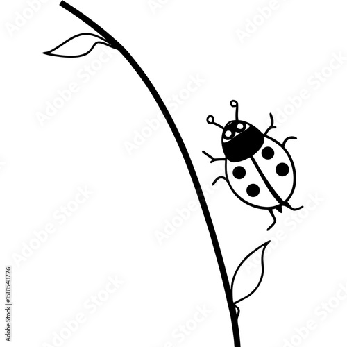 ladybug crawling up stem on white background