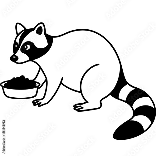 raccoon washing food with paws on white background