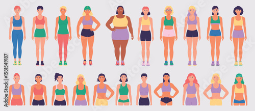 Diverse group of women showcasing different body types and styles in athletic wear