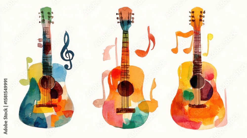 Obraz premium Watercolor painting of three colorful acoustic guitars with musical notes around them on a white background.