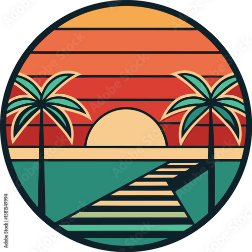 Tropical Sunset with Palm Trees and Wooden Pier vector cercle