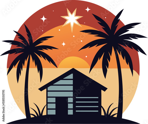 Sunset Behind Beach Hut and Palm Trees vector illustration