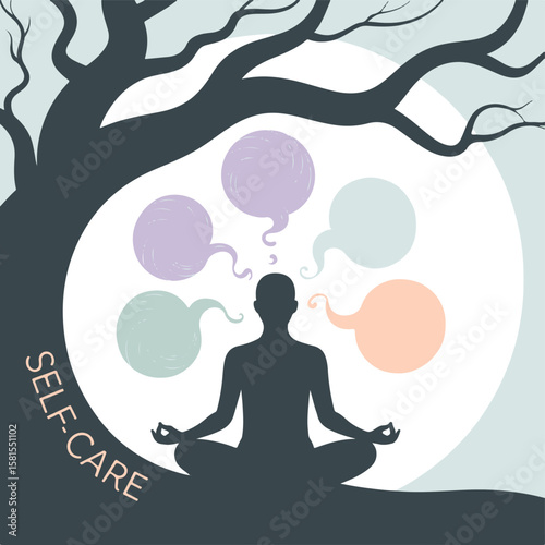 Silhouette of a man meditating in a lotus yoga pose, symbolizing peace, health, and spiritual balance