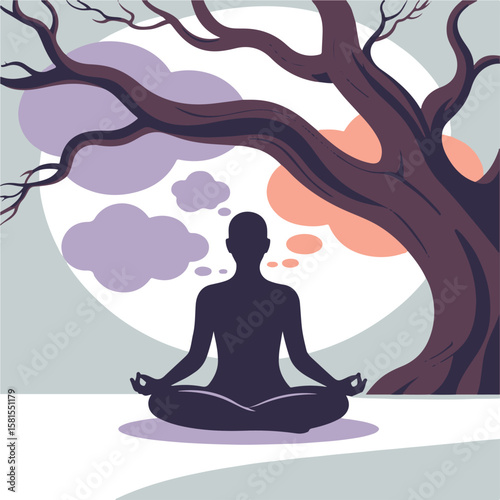 Silhouette of a man meditating in a lotus yoga pose, symbolizing peace, health, and spiritual balance