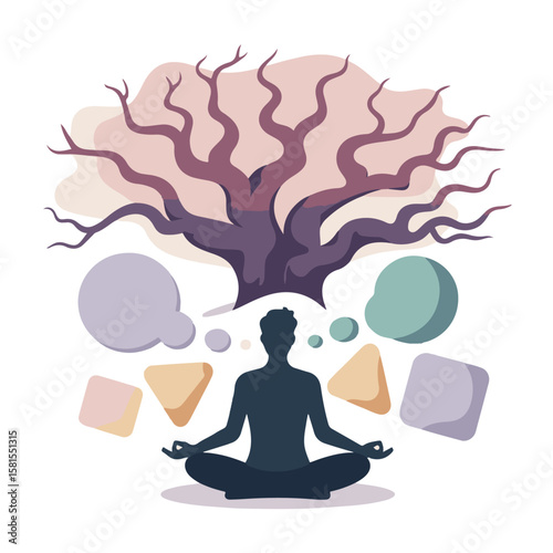 Silhouette of a man meditating in a lotus yoga pose, symbolizing peace, health, and spiritual balance