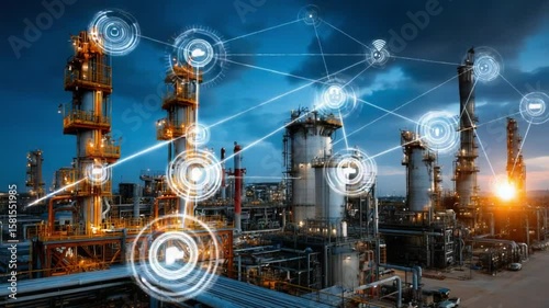 Smart Refinery: An intricate digital overlay illustrates the efficient and interconnected operations of a modern refinery, showcasing innovation and the future of industry.