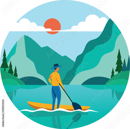Mountain Peaks Waterfall Flat Illustration