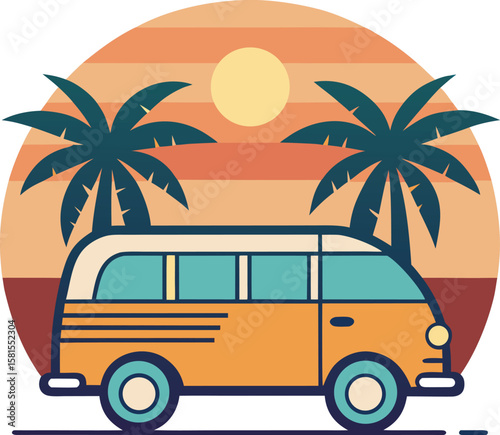 Retro Van and Palm Trees Sunset Vector