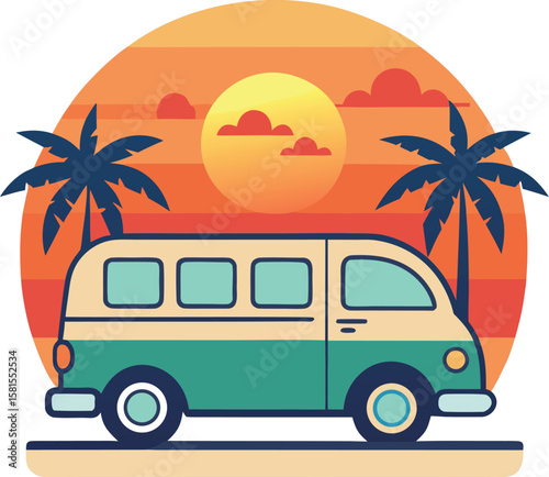  Van Life Sunset Tropical Adventure Vector