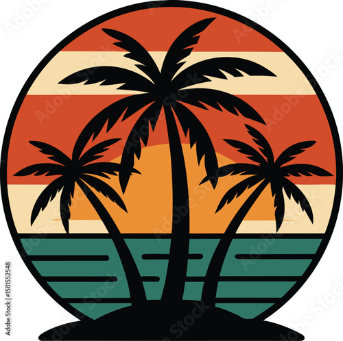 Palm Trees Sunset Beach Retro Circle Design