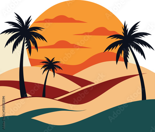 Desert Sunset with Palm Trees vector