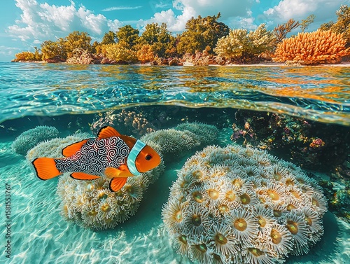 Tropical underwater scene with clownfish and coral