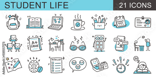 A comprehensive set of 21 outline icons ideal for school apps and educational materials, featuring books, laptops, backpacks, exams, study time, lunch breaks, and other aspects of student life.