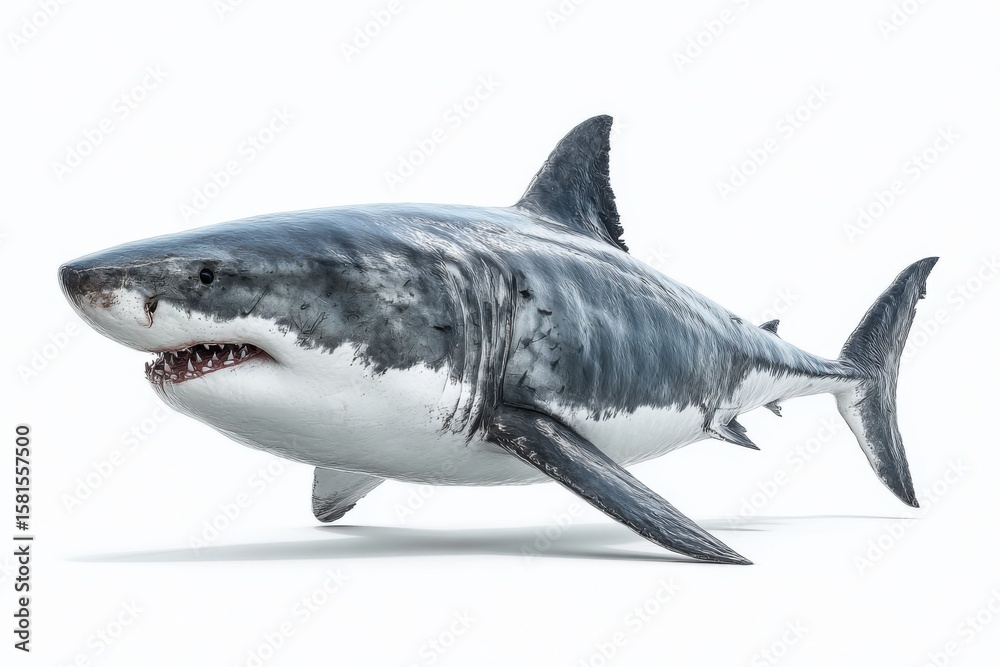 Naklejka premium Realistic Great White Shark Swimming in Clear Blue Water Environment
