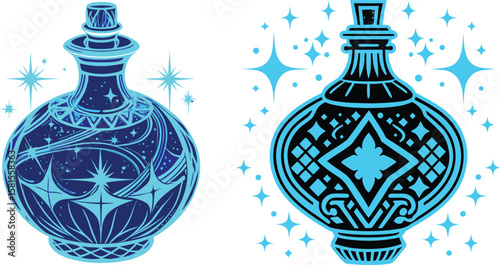 A digital illustration of two ornate magical potion bottles in a fantasy art style