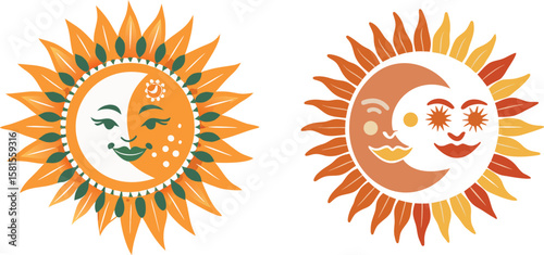 A decorative illustration of two sun and moon designs side by side