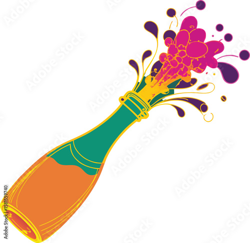 A stylized illustration of an orange champagne bottle with a green neck and cork popping. 