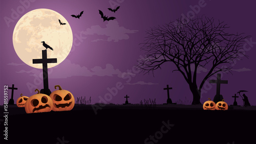 Graveyard landscape in Halloween night with pumpkins, bats, crow, silhouette dead tree, crucifix and full moon graphic illustration.