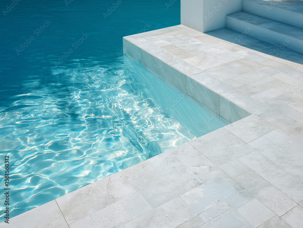 Obraz premium Luxury swimming pool corner with clear water, natural light, blue and white