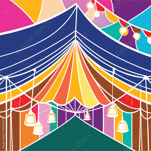 A vibrant digital illustration of a circus tent interior with a rainbow-colored striped ceiling